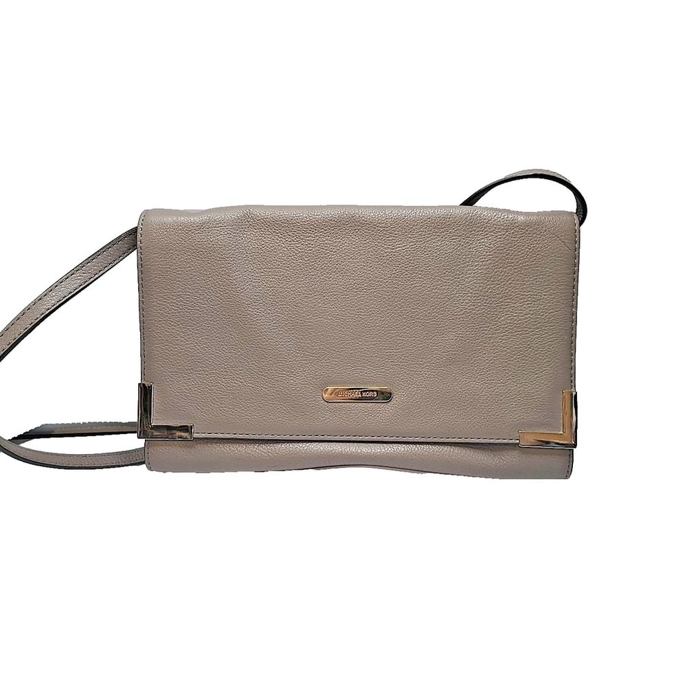 Michael Kors Beverly Taupe Leather Convertible Oversized Clutch Shoulder Bag